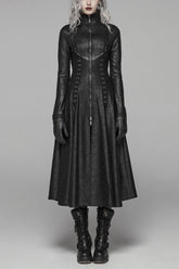 Black Stand Collar Long Sleeves Metal Ring Woven Strap Womens Gothic Long Coat